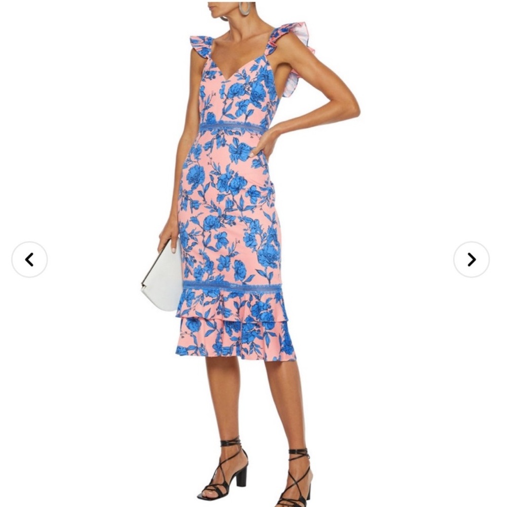 Alice + Olivia Coral Pink Midi Dress with Blue Floral Print